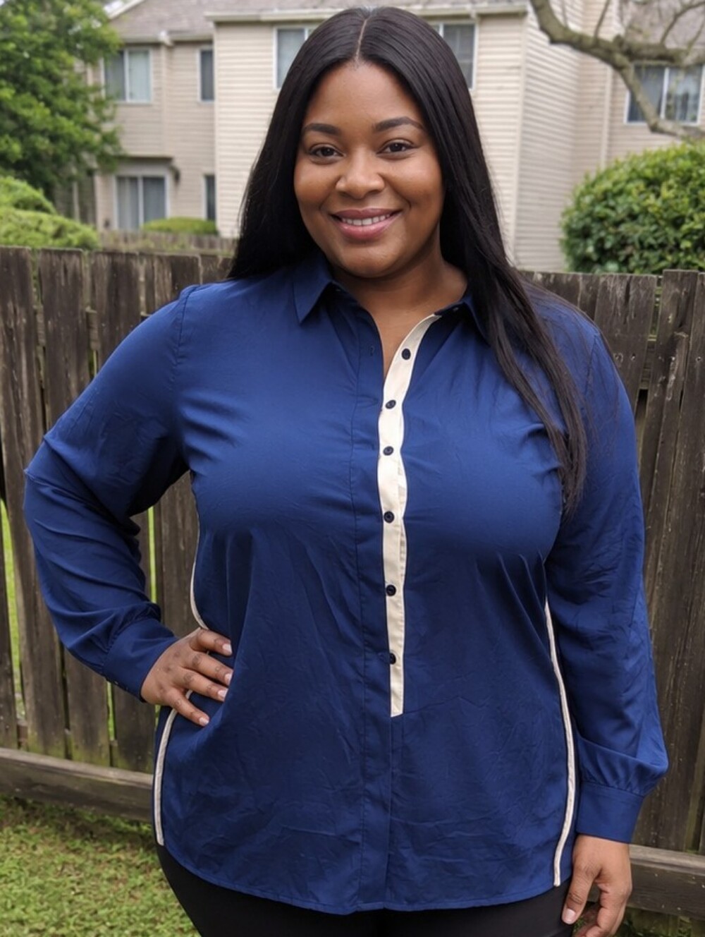 Joe Fresh Navy Button-Down Shirt with Cream Trim